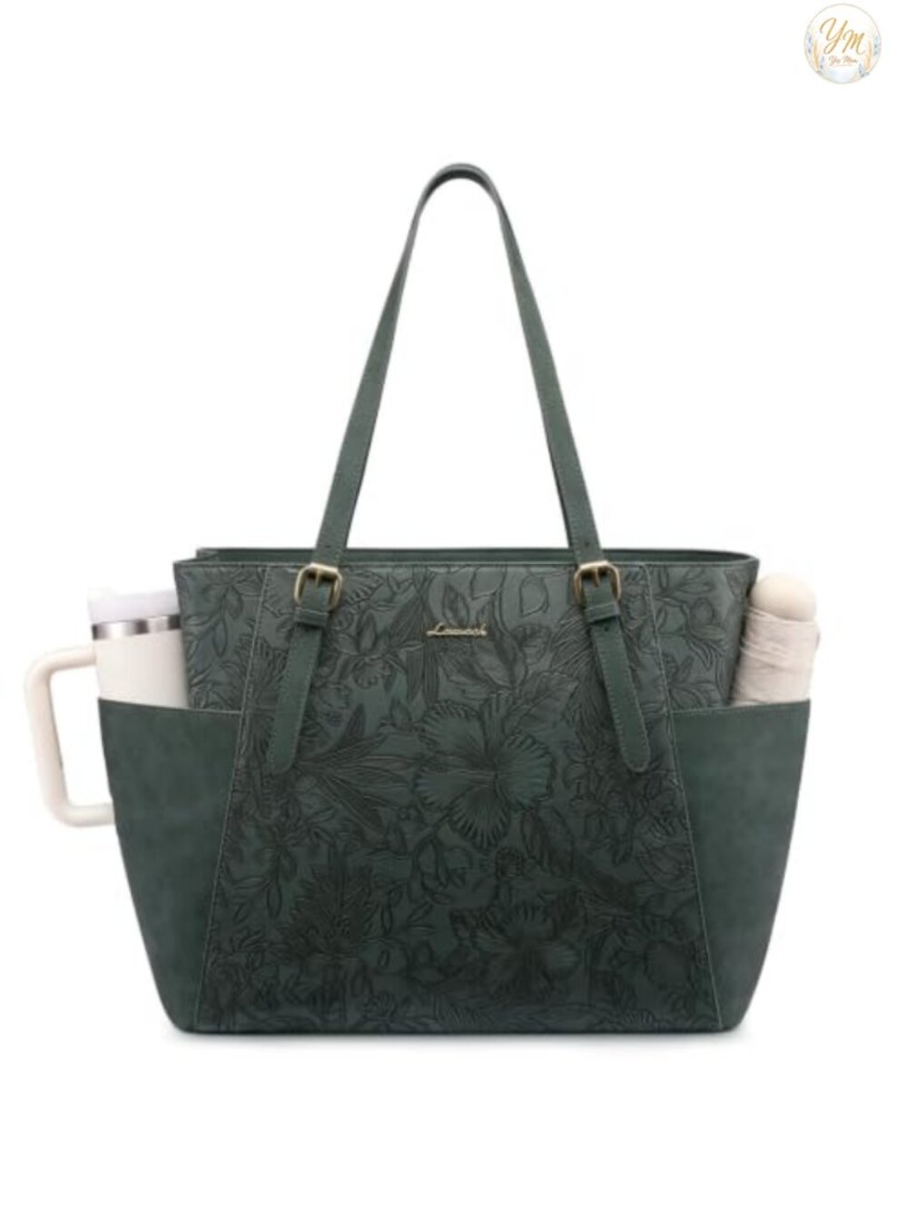 Leather Laptop Tote Bag for Women 15.6 Inch Work Briefcase with Water Bottle